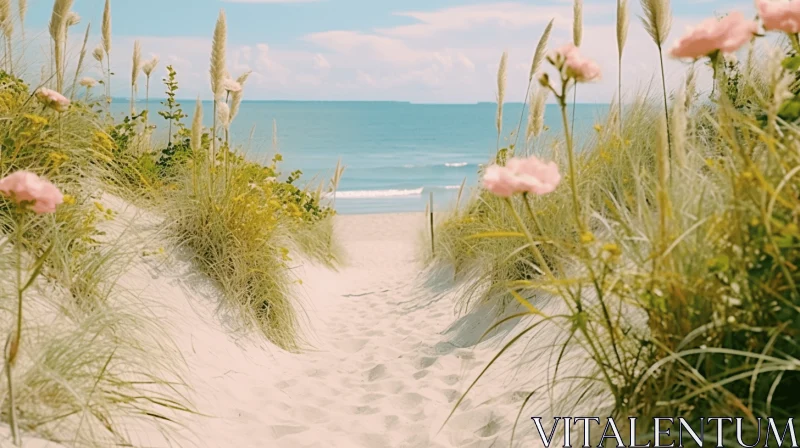 Serene Pink Flowers Pathway to the Ocean | Provia Film AI Image