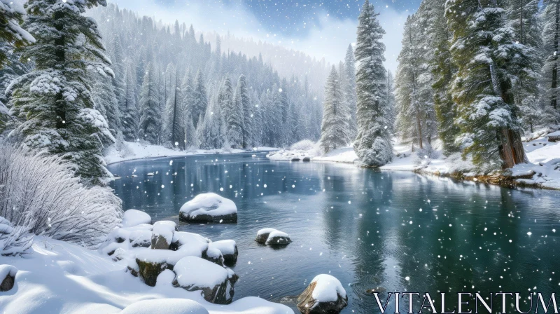 Serene Winter Landscape with Snow, River, and Trees AI Image