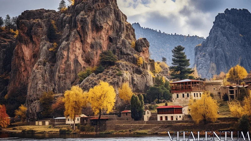 Captivating Autumn Village Surrounded by Rocks in a River | Ancient Chinese Art AI Image