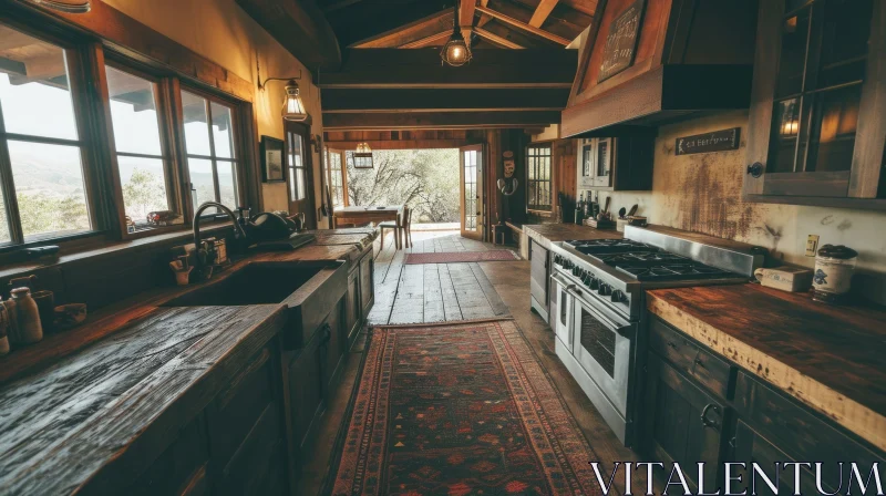 Cozy and Rustic Kitchen with Dark Wood Cabinets and Farmhouse Sink AI Image