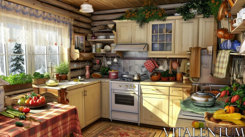 Cozy Rustic Kitchen with Wooden Walls and Colorful Carpet AI Image