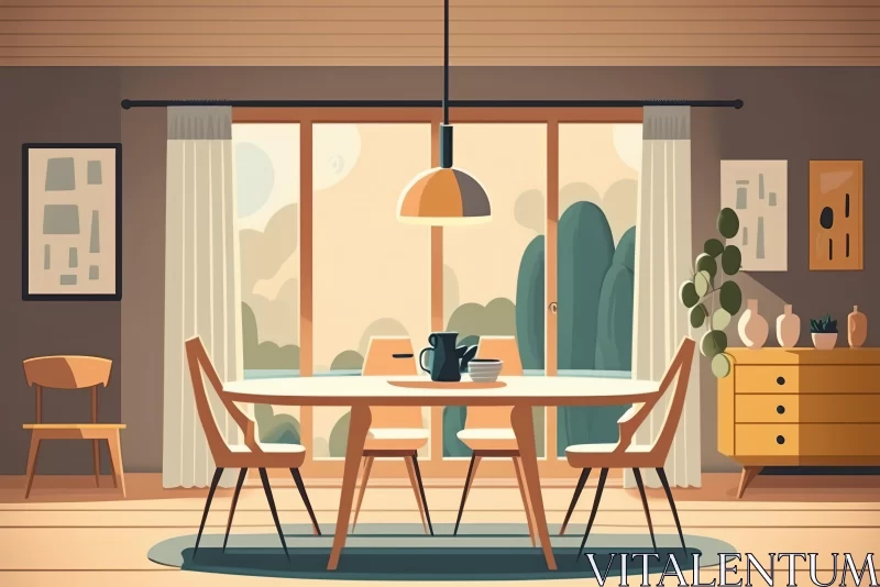 Cozy Wooden Dining Table and Chairs in Mid-Century Style | Interior Illustration AI Image