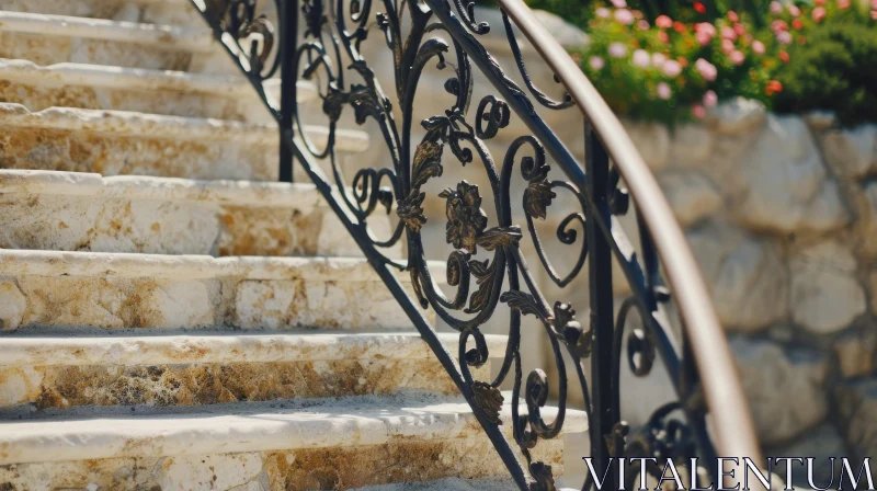 AI ART Elegant Marble Staircase with Floral Metal Railing