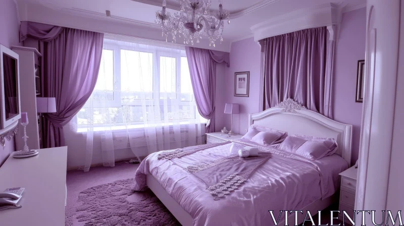 Exquisite Lilac Bedroom with Carved Headboard and Crystal Chandelier AI Image