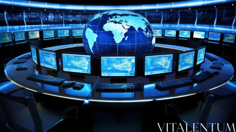 Futuristic Control Room with Large Globe and Computer Monitors AI Image