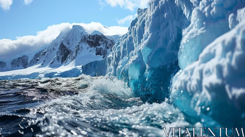 Powerful Wave Crashing Against Brilliant Blue Iceberg AI Image