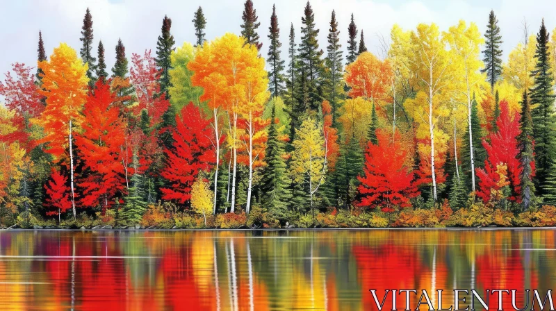 Serene Autumn Forest with Vibrant Foliage and Calm Lake AI Image