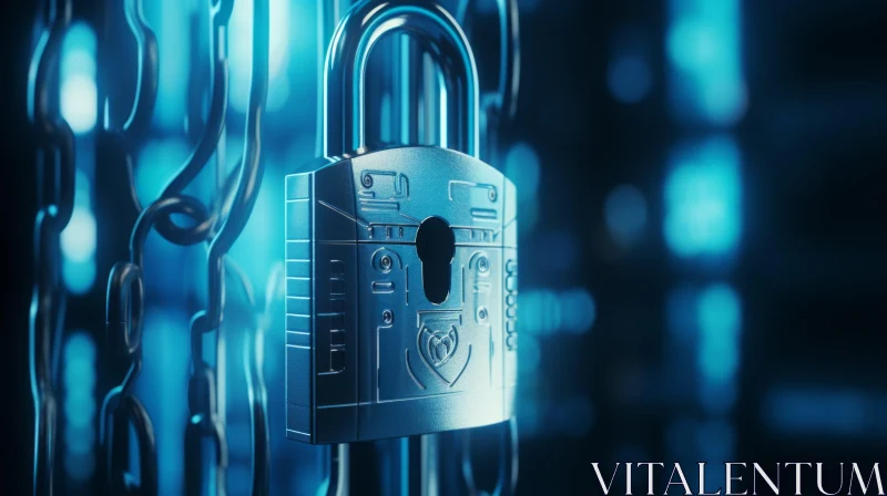 Silver Padlock 3D Rendering with Glowing Blue Background AI Image