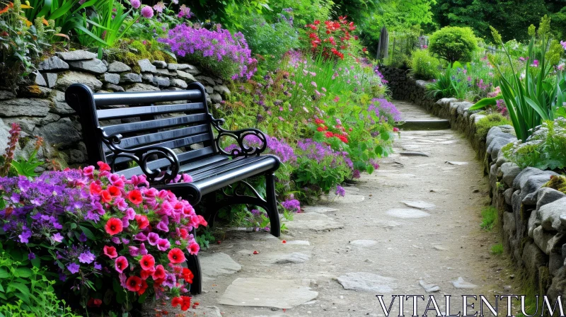 Tranquil Garden with Vibrant Flowers and Stone Path AI Image