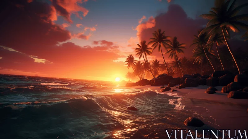 Captivating Beach Scene with Mesmerizing Sunset and Palm Trees AI Image