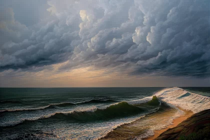 Captivating Painting of Storm Clouds and Waves Over the Ocean