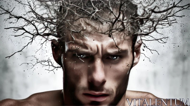 Captivating Portrait of a Young Man with Branches and Twigs AI Image