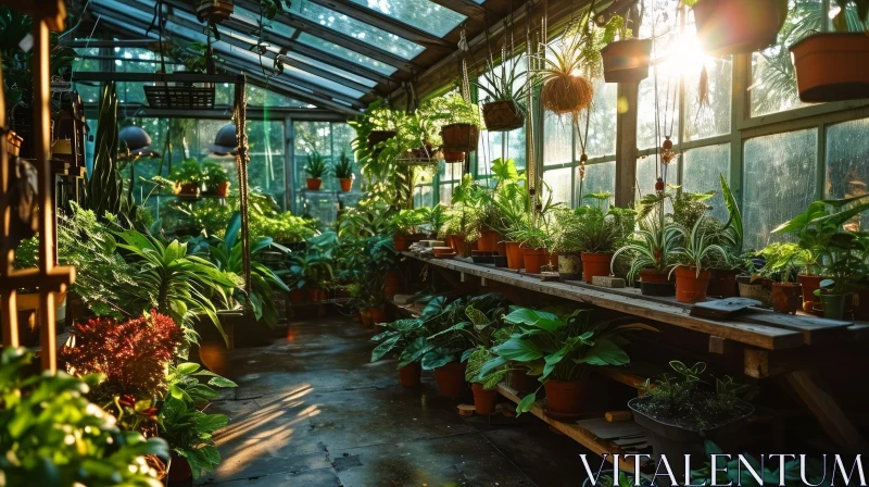 Enchanting Greenhouse: A Haven of Lush Plants and Sunlit Beauty AI Image