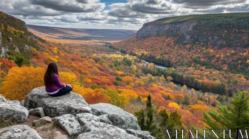Mountain Landscape with Woman in Purple Jacket AI Image