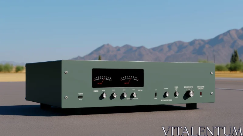 Vintage Green Audio Amplifier on Concrete Surface with Mountain Landscape AI Image