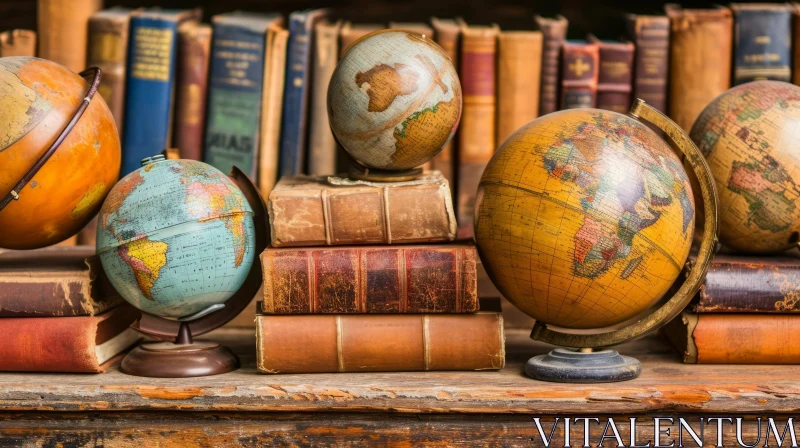 Vintage Wooden Shelf with Books and Globes AI Image