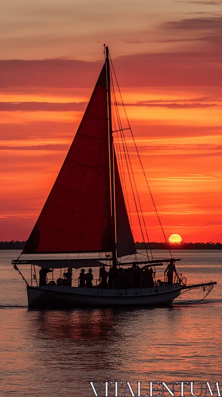 Captivating Sunset: Red Boat Sailing Silhouette at Dusk AI Image