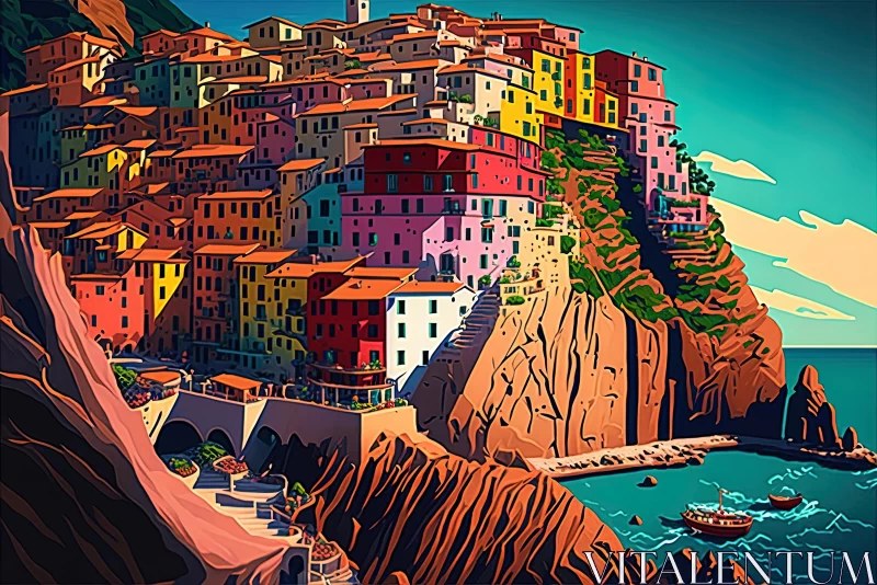 Captivating Village on a Cliff: A Colorful Retro Visuals Masterpiece AI Image
