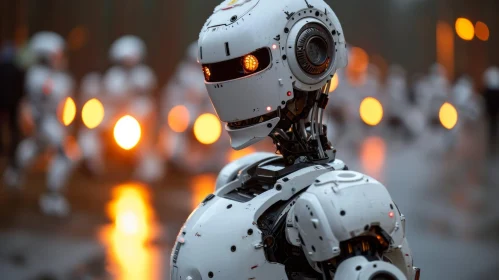 Close-Up of a White Robot with Glowing Orange Eye