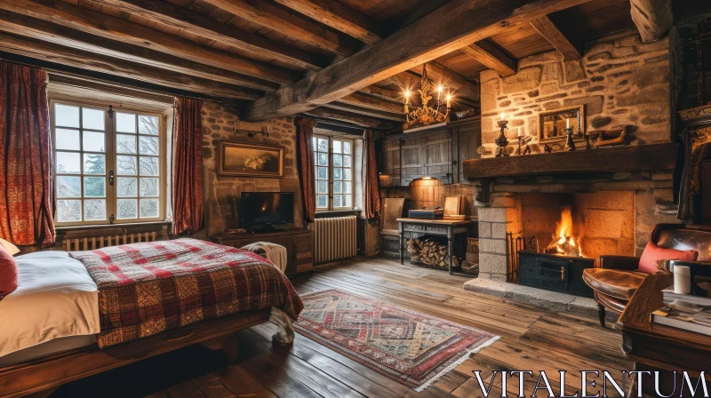 Cozy Rustic Bedroom with Fireplace - Warm and Inviting Ambiance AI Image