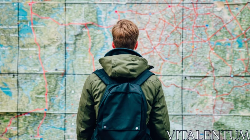AI ART Exploring the City: Young Man with Backpack and Map