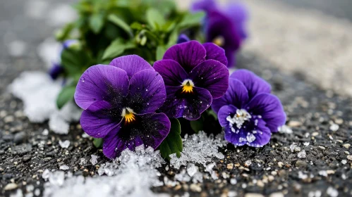 Purple Pansies with Yellow Centers - Dew-Covered and Glossy