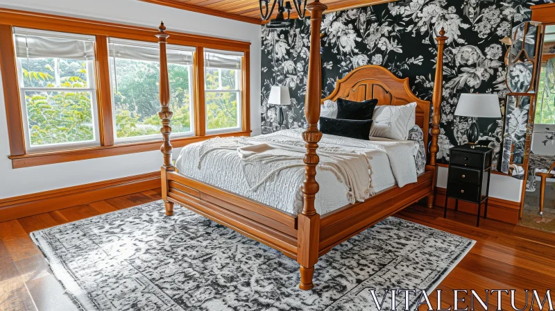Serene Bedroom with Wooden Bed and Floral Wallpaper AI Image