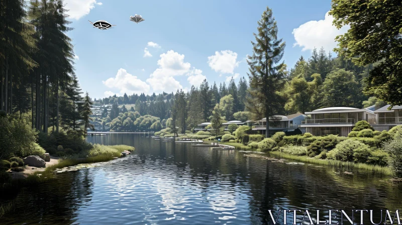 Serene Mountain Lake Landscape with Futuristic Flying Cars AI Image