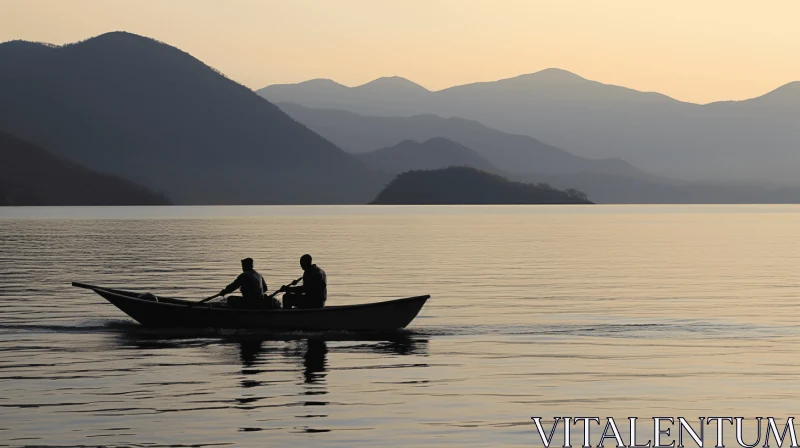 Tranquil Fishing Scene with Majestic Mountain | Traditional Craftsmanship AI Image