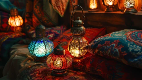 Captivating Moroccan Lanterns on Vibrant Carpet - Artistic Photo