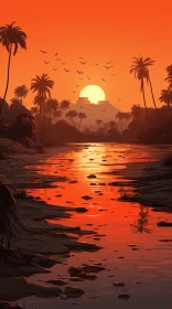 Captivating Sci-fi Landscape: Sun Setting over River with Palm Trees