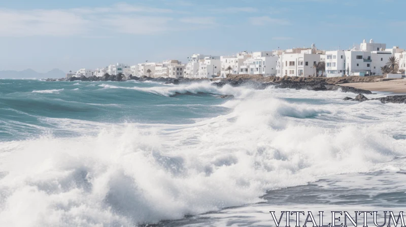 Captivating Seascapes: Waves Crashing Near White Buildings AI Image