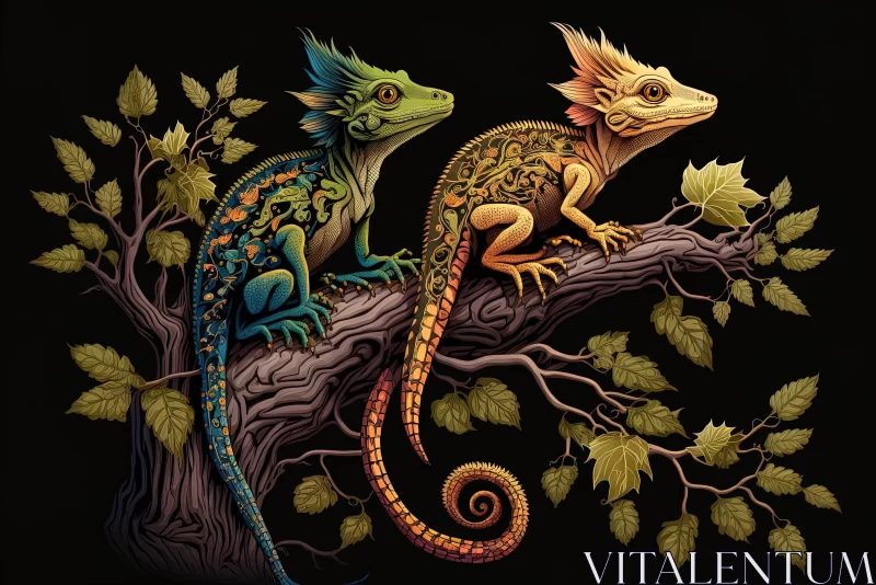 Colorful Lizards Sitting on a Branch | Hyper-Detailed Illustrations AI Image