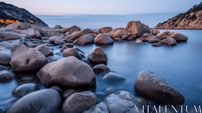 Serene Nature Photography: Large Rocks by the Shore AI Image