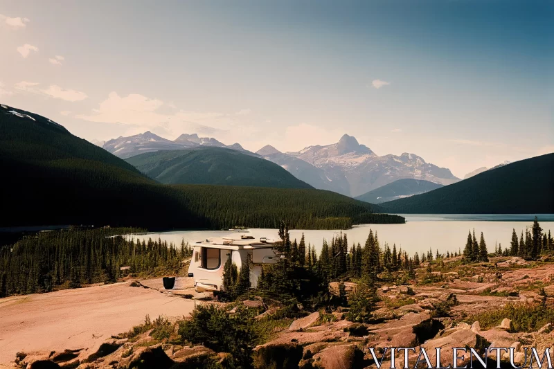 Serene RV by Lake in Mountains: Contemporary Canadian Art AI Image