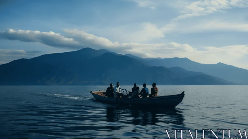 Tranquil Boat Journey amidst Mountainous Vistas AI Image