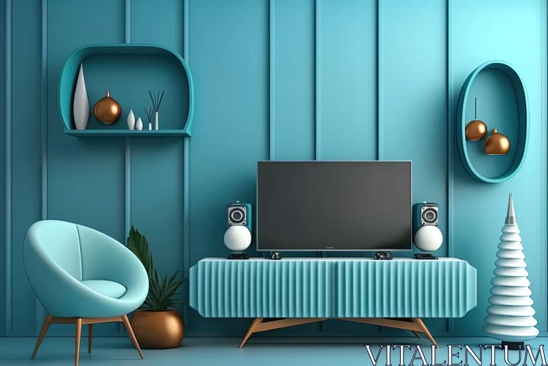 Blue Living Room with TV and Chair | Cozy and Vibrant Interior Design AI Image