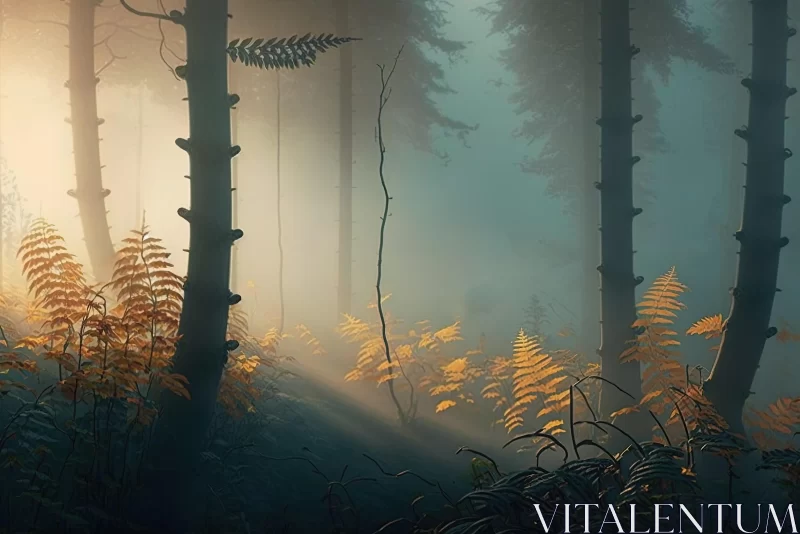Captivating Autumn Illustration in a Foggy Forest AI Image