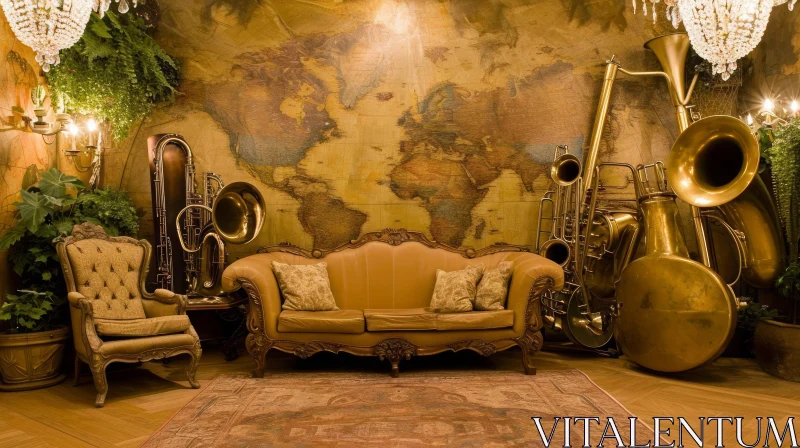 Cozy Living Room with World Map: Brown Leather Sofa and Musical Instruments AI Image