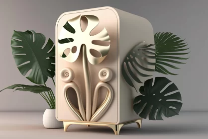 Elegant Gold Cabinet with Tropical Plants | Futurist Mechanical Precision