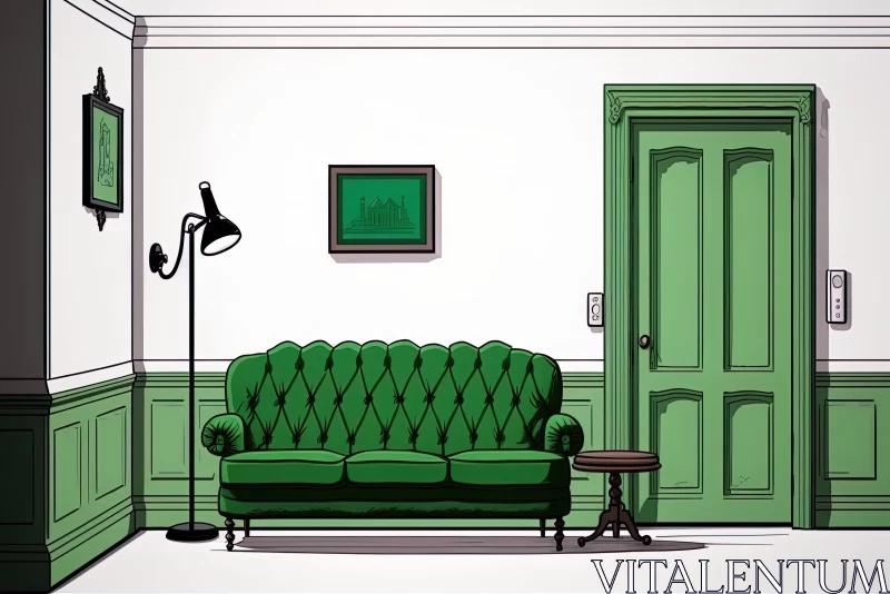 Green Living Room Illustration - Realistic British Post-War Art AI Image