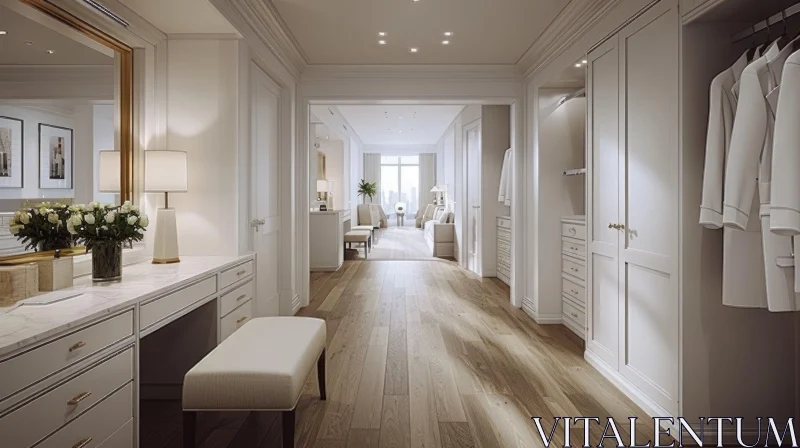 AI ART Luxurious Walk-in Closet: Modern Style with White Walls and Light Wood Floors