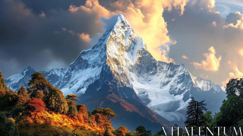 Majestic Snow-Capped Mountain Peak in a Serene Landscape AI Image