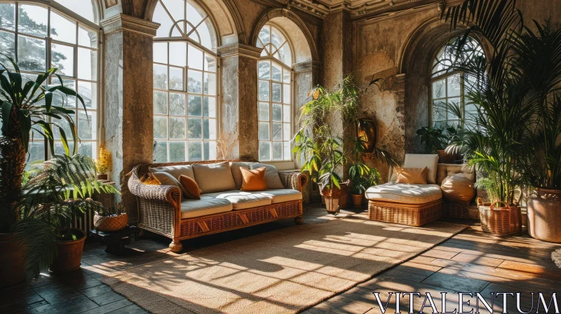 Serene and Tranquil Sunroom with Wicker Sofa and Lush Plants AI Image