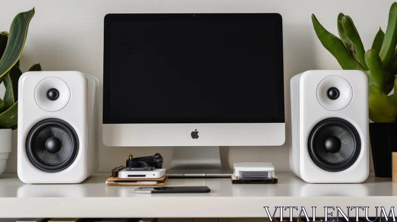 Stylish Modern Workplace Setup with iMac Computer and Speakers AI Image