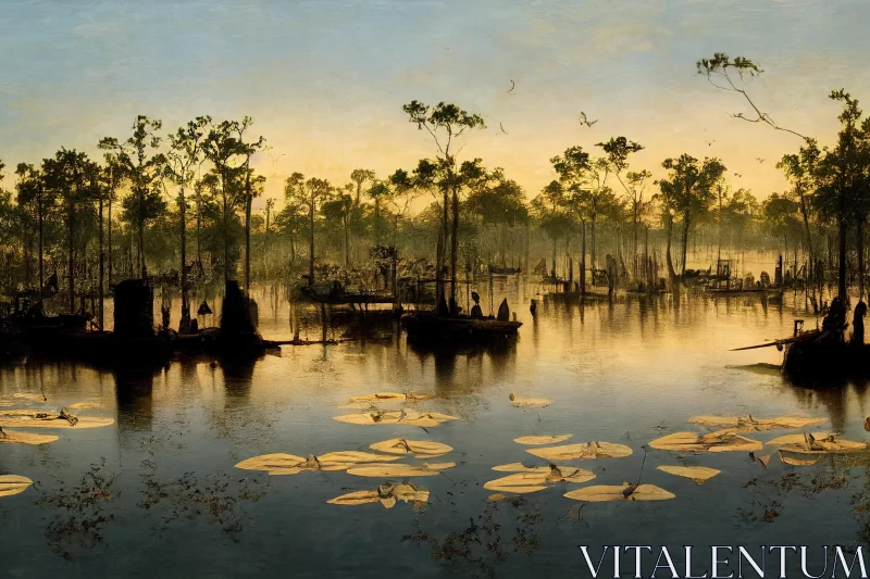 Swamp Painting with Ducks and Lilies | Tranquil Nature Art AI Image