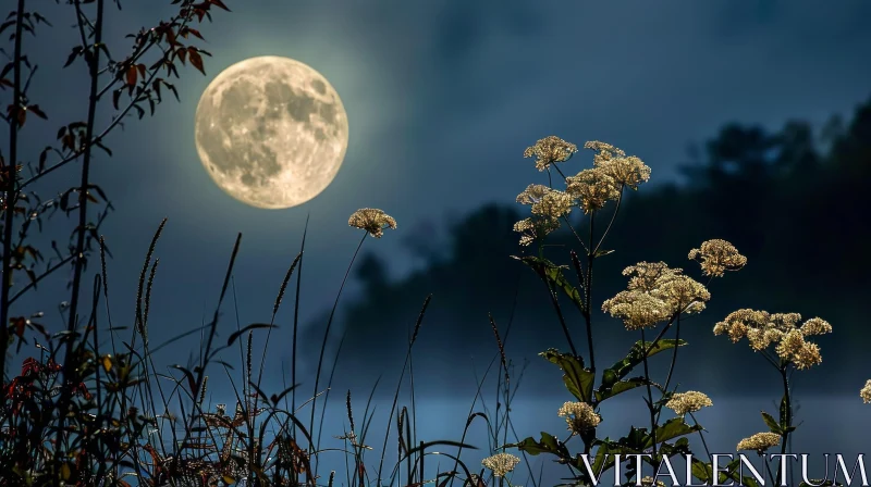 Full Moon over Delicate Wildflowers: Serene Beauty in Nature AI Image