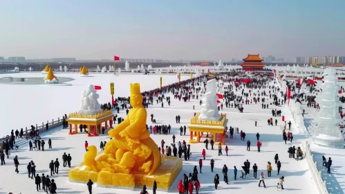 Gathering in the Snow: Majestic Ice Sculptures and Crowded Palace