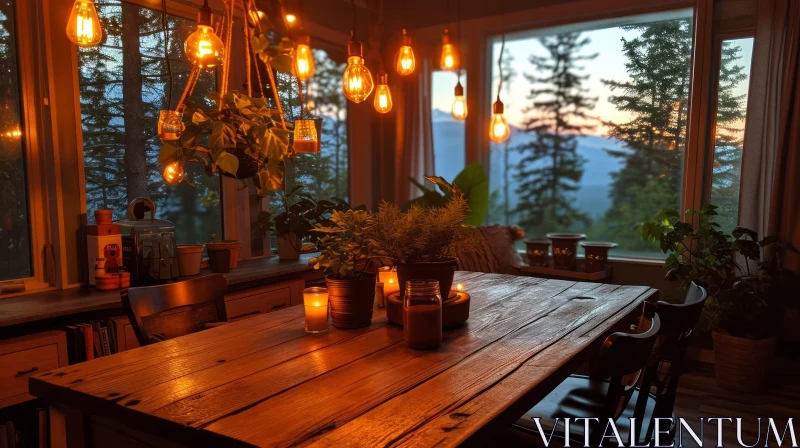 Inviting Dining Room with Wooden Table and Natural Views AI Image