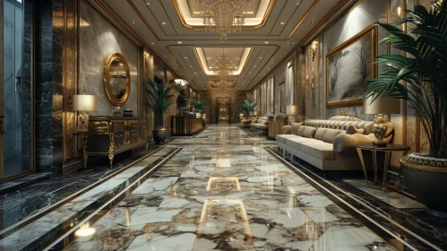 Luxurious Hotel Lobby with Marble Floors and Crystal Chandeliers